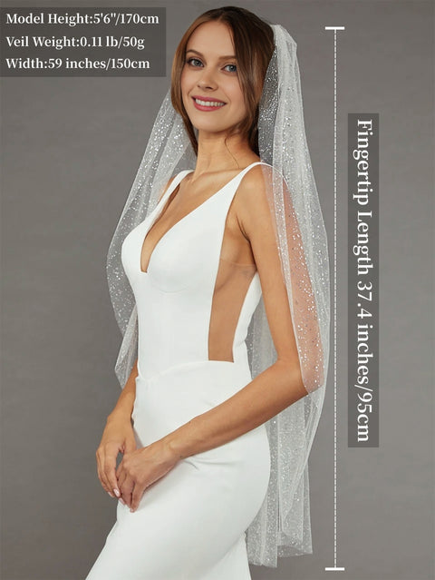 Short Veils Bling Sequin Tulle Wedding Bridal Veil with Metal Comb for Brides OA06