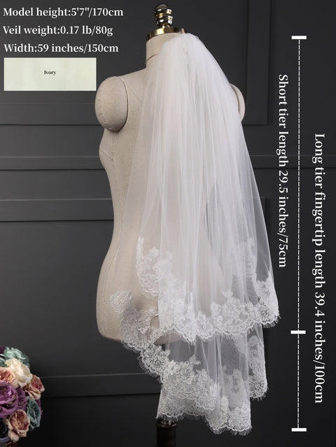 2 Tier Floral Lace Edge Wedding Bridal Veil Fingertip Length with Comb for Brides Ivory OA44