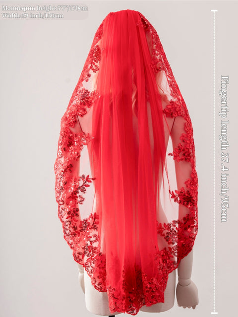 Red Tulle Lace Sequins Fingertip Length Wedding Veil with Comb for Bride OA21