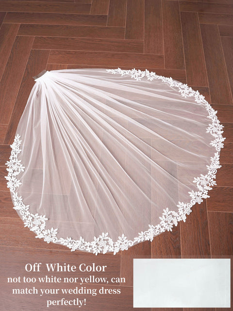 Fingertip Length Lace Edge Wedding Bridal Veil with Comb for Brides Off White OA12