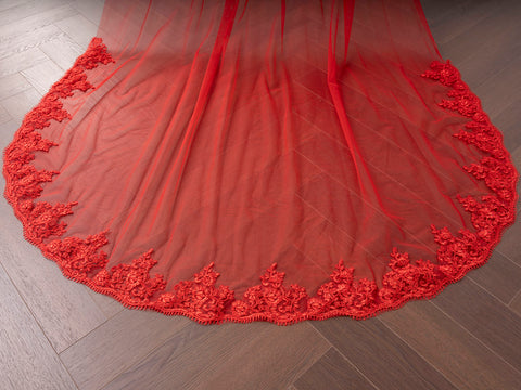Red Tulle Lace Applique Cathedral Length Wedding Veil with Comb for Bride OA27