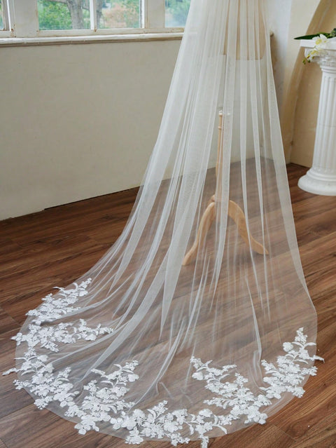 Chapel Length Floral Lace Wedding Bridal Veil with Metal Comb AS09