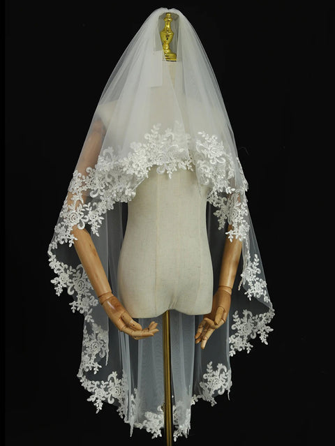 2 Tier Lace Wedding Bridal Veil with Metal Comb AS05