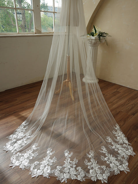 Chapel Length Sequin Lace Floral Wedding Bridal Veil with Comb AG01