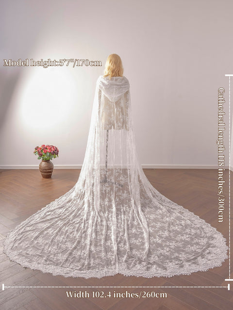 Long Flower Lace Veil Elegant Hooded Wedding Bridal Veil Cape Shawl Halloween Costumes OA25