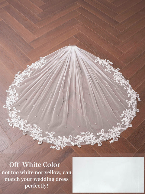 Pearl Lace Applique Fingertip Length Wedding Bridal Veil with Comb for Bride Off White OA14