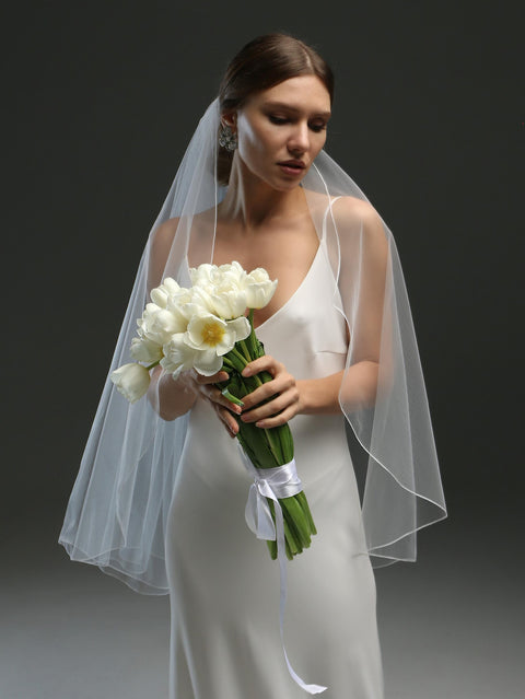 Pencil Edge Fingertip Length Wedding Bridal Veil with Comb for Bride BS06