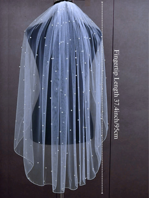 Pearl Short Wedding Bridal Veil Pencil Edge with Comb for Bride AS35