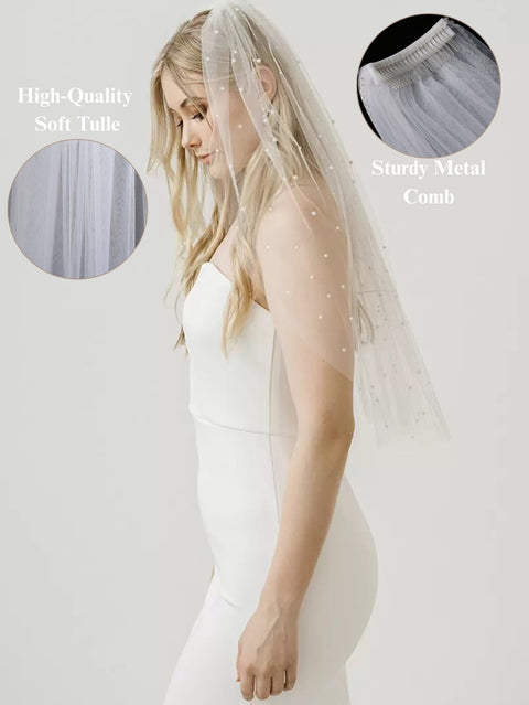 Pearl 1 Tier Elbow Length Wedding Bridal Veil with Metal Comb AS21