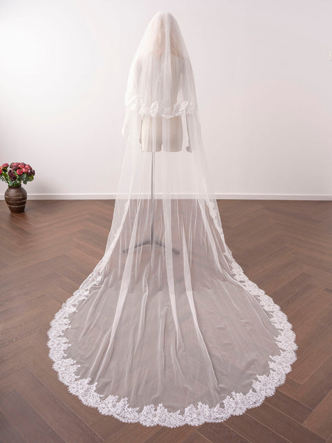 2 Tier Cathedral Length Lace Edge Wedding Bridal Veil with Comb for Bride Ivory OA32