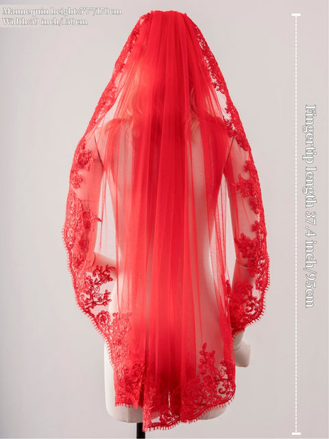 Red Fingertip Length Lace Applique Wedding Veil with Comb for Brides OA22