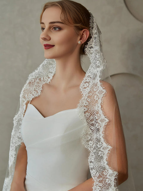 Mantilla Veils Floral Lace Edge Wedding Bridal Veil Fingertip Length for Brides OA40