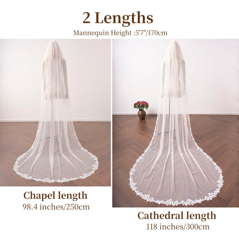 Lace Edge 1 Tier Long Wedding Bridal Veil with Metal Comb for Brides OA54