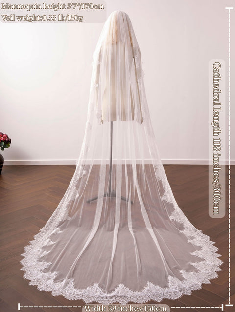 Cathedral Length Floral Lace Wedding Bridal Veil with Comb for Bride Ivory OA30