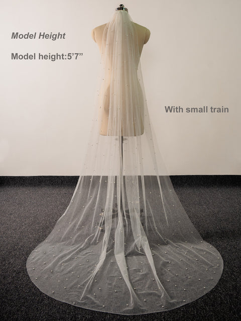 Pearl Chapel Length Wedding Bridal Veil with Metal Comb for Bride AS22