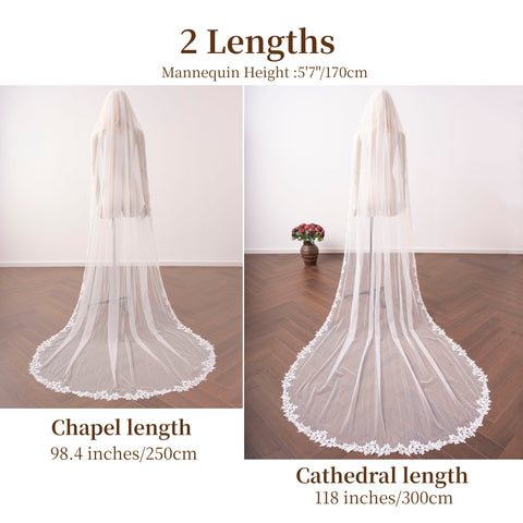 Pearl Lace Edge 1 Tier Long Wedding Bridal Veil with Comb for Brides OA55