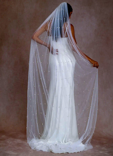 Pearl Chapel Length Wedding Bridal Veil with Metal Comb for Bride AS22