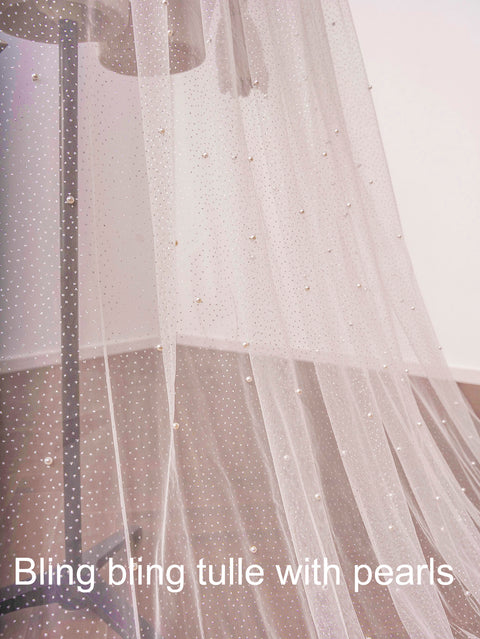 Pearl Bling Sequins Tulle Bridal Veil Wedding with Metal Comb for Brides OA01
