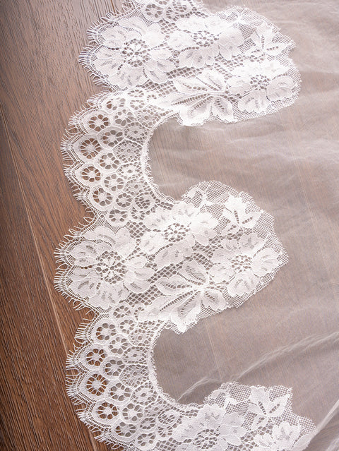 2 Tier Floral Lace Fingertip Length Wedding Bridal Veil with Comb for Bride Ivory OA43