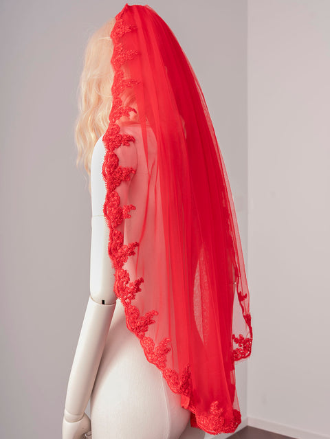 Red Fingertip Length Lace Applique Wedding Veil with Comb for Brides OA23