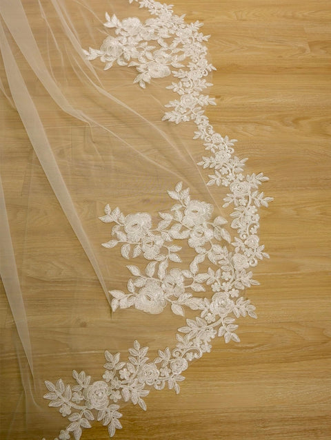 Long Cathedral Length 1 Tier Petal Shape Lace Wedding Bridal Veil F17