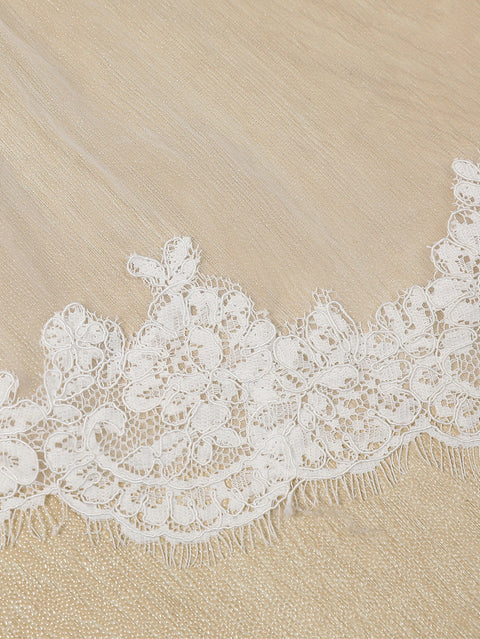 Fingertip Length Floral Lace Edge Wedding Bridal Veil with Comb for Bride Ivory OA57
