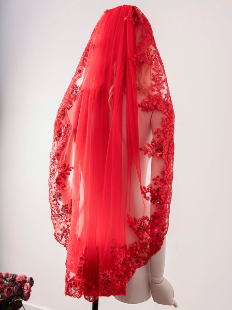 Red Tulle Lace Sequins Fingertip Length Wedding Veil with Comb for Bride OA21
