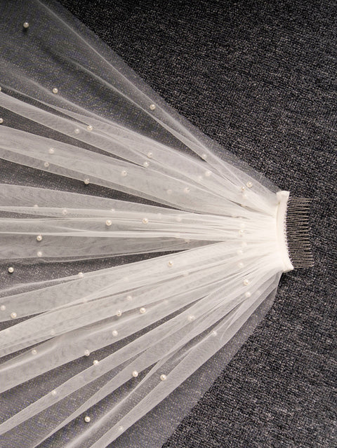 Pearl Cathedral Length Wedding Bridal Veil with Metal Comb for Bride AS23