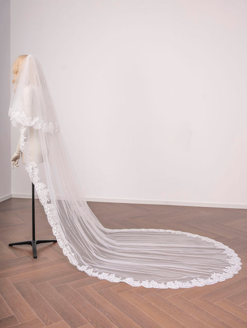 2 Tier Cathedral Length Lace Edge Wedding Bridal Veil with Comb for Bride Ivory OA32