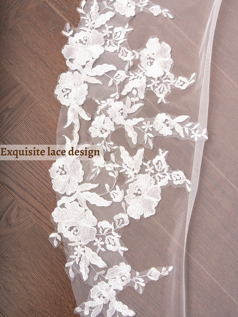 Lace Applique 2 Tier Long Wedding Bridal Veil with Comb for Brides OA64