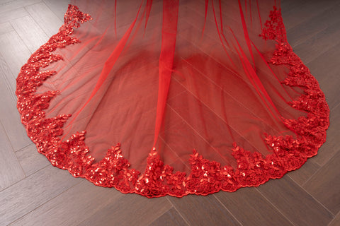 Red Tulle Lace Sequins Cathedral Length Wedding Veil with Comb for Bride OA28