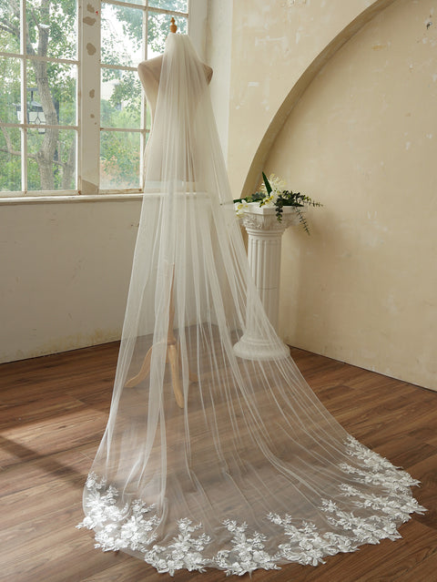Chapel Length Sequin Lace Floral Wedding Bridal Veil with Comb AG01