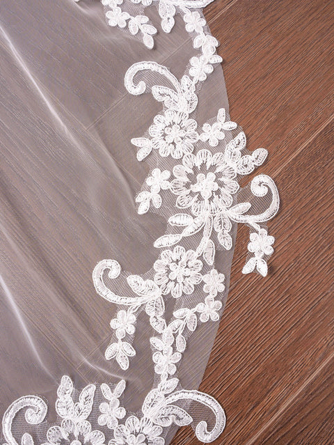 Fingertip Length Lace Applique Wedding Bridal Veil with Comb for Bride Off White OA13