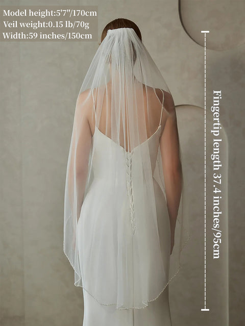 Pearls and Crystals Beaded Edge Fingertip Length Bridal Wedding Veil for Brides OA04