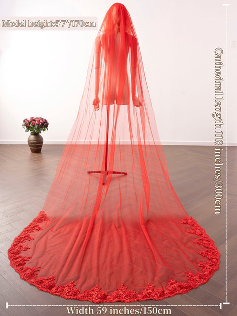 Red Tulle Lace Applique Cathedral Length Wedding Veil with Comb for Bride OA27