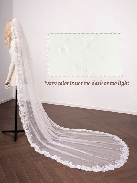 Cathedral Length Floral Lace Wedding Bridal Veil with Comb for Bride Ivory OA38