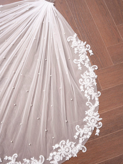 Pearl Lace Applique Fingertip Length Wedding Bridal Veil with Comb for Bride Off White OA14