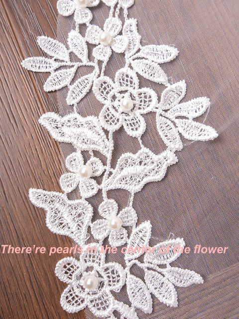 Pearl Lace Edge 1 Tier Long Wedding Bridal Veil with Comb for Brides OA55