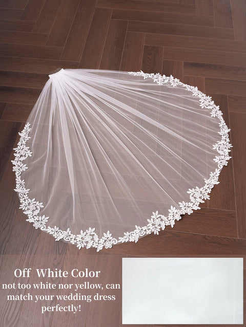 Pearl Lace Applique Fingertip Length Wedding Bridal Veil with Comb for Bride Off White OA15