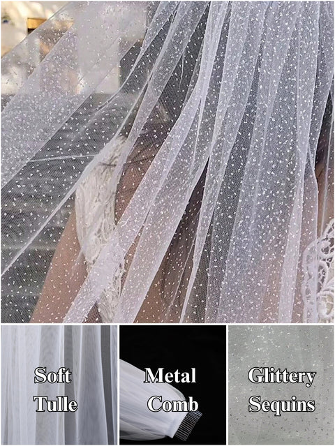 Short Veils Bling Sequin Tulle Wedding Bridal Veil with Metal Comb for Brides OA06