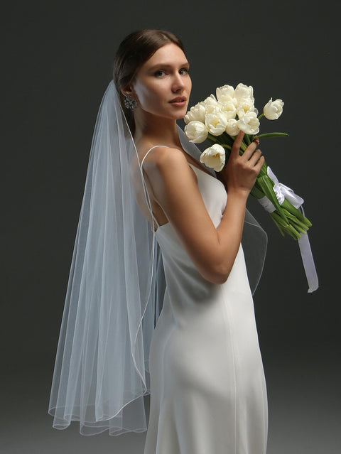 Pencil Edge Fingertip Length Wedding Bridal Veil with Comb for Bride BS06