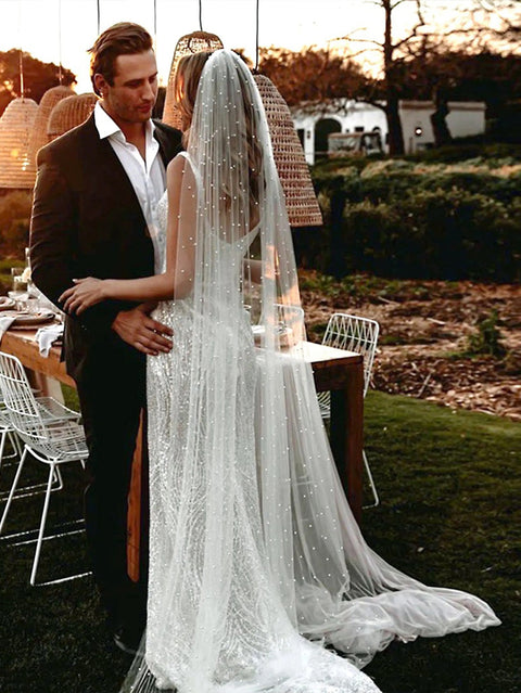 Pearl Chapel Length Wedding Bridal Veil with Metal Comb for Bride AS22