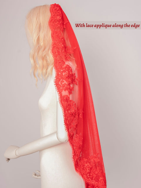 Red Fingertip Length Lace Applique Wedding Veil with Comb for Brides OA22