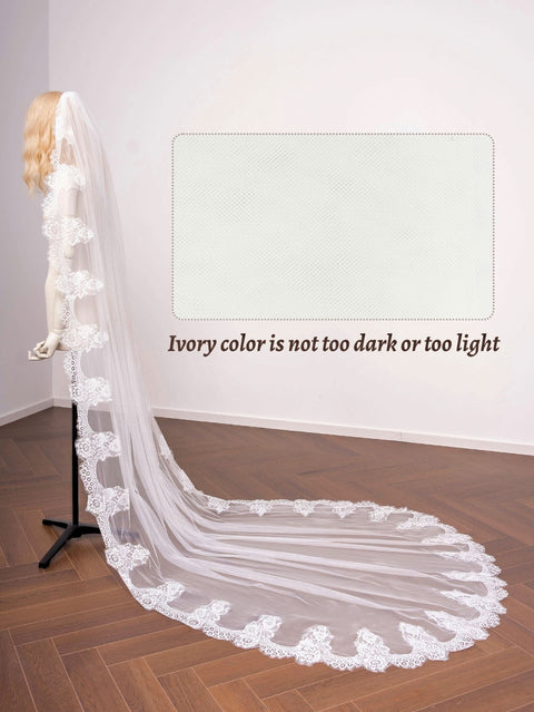 Cathedral Length Floral Lace Wedding Bridal Veil with Comb for Bride Ivory OA49