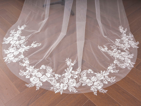 Lace Sequin Applique Chapel Length Wedding Bridal Veil with Comb for Bride OA50