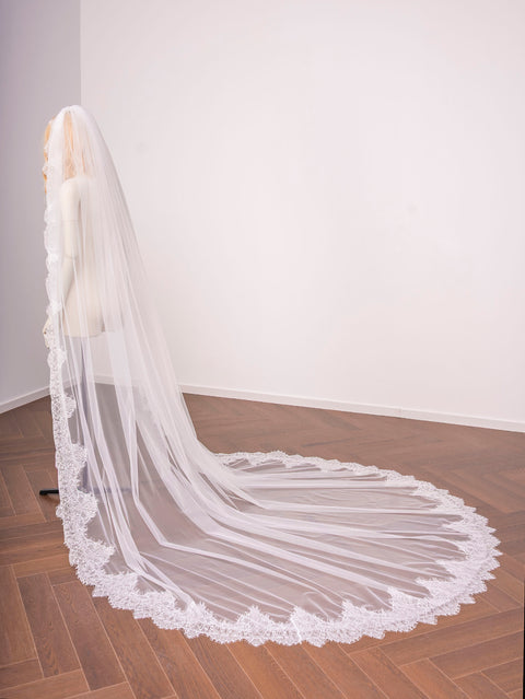 Cathedral Length Lace Edge Lightweight Wedding Bridal Veil with Comb for Bride Ivory OA35