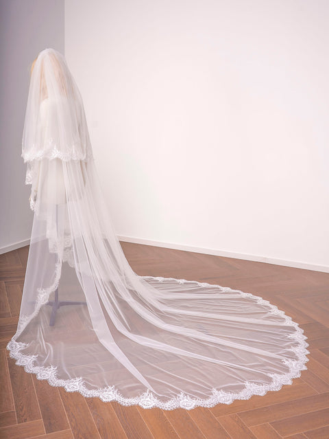 2 Tier Cathedral Length Floral Lace Wedding Bridal Veil with Comb for Brides Ivory OA37