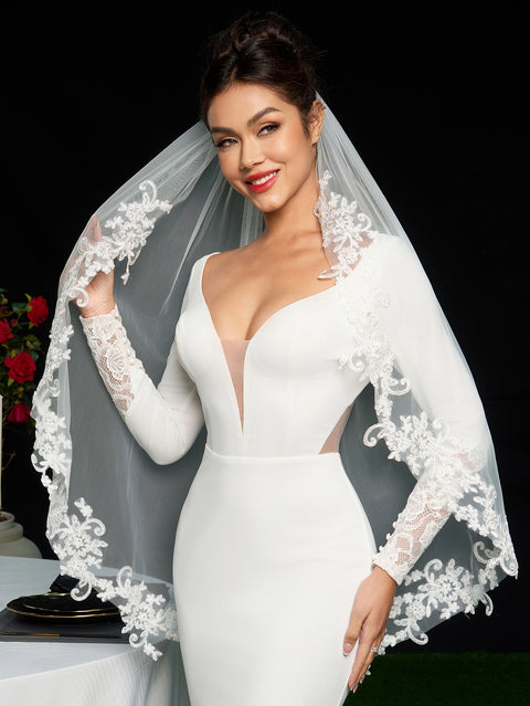 Pearl Fingertip Length Lace Wedding Bridal Veil with Comb AS15