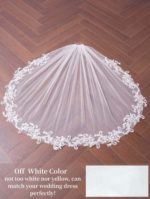Fingertip Length Lace Applique Wedding Bridal Veil with Comb for Bride Off White OA13