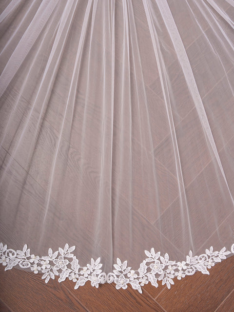 Pearl Lace Applique Fingertip Length Wedding Bridal Veil with Comb for Bride Off White OA15